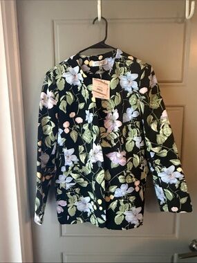 NWT Kasper Black Floral Open-Front Blazer with Green Leaves and Lavender Flowers